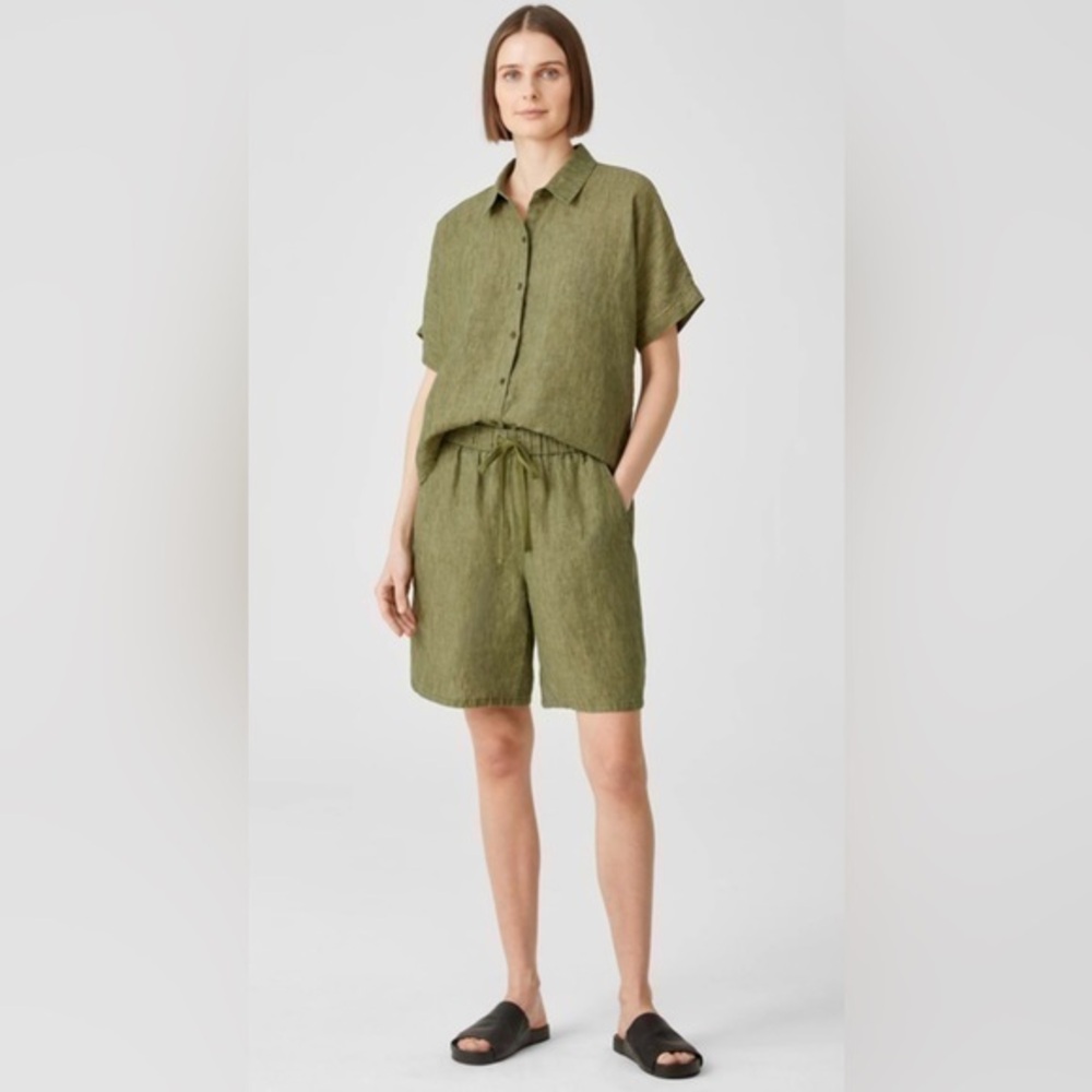 Eileen Fisher Washed Organic Linen Delave Shorts Olive Green Color Size 2X NWT
